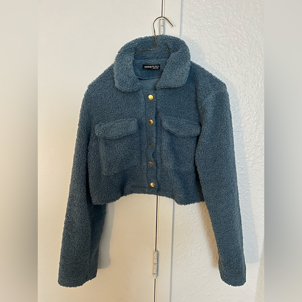 SHEIN Blue Teddy Jacket with Gold Buttons